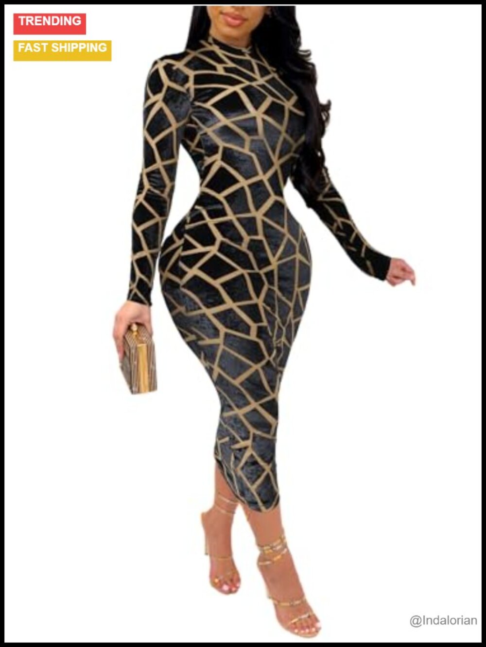 Women's Sheer Mesh Bodycon Midi Dress Long Sleeve Club Night Out